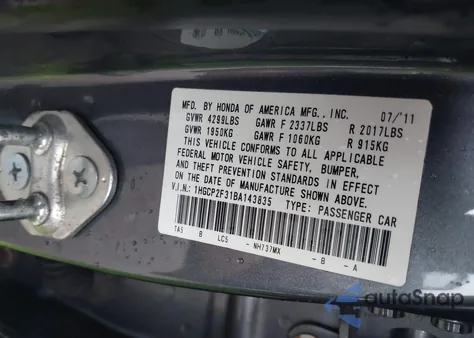 2011 Honda Accord 2.4 Lx z USA, uszkodzony, nr VIN 1HGCP2F31BA143835